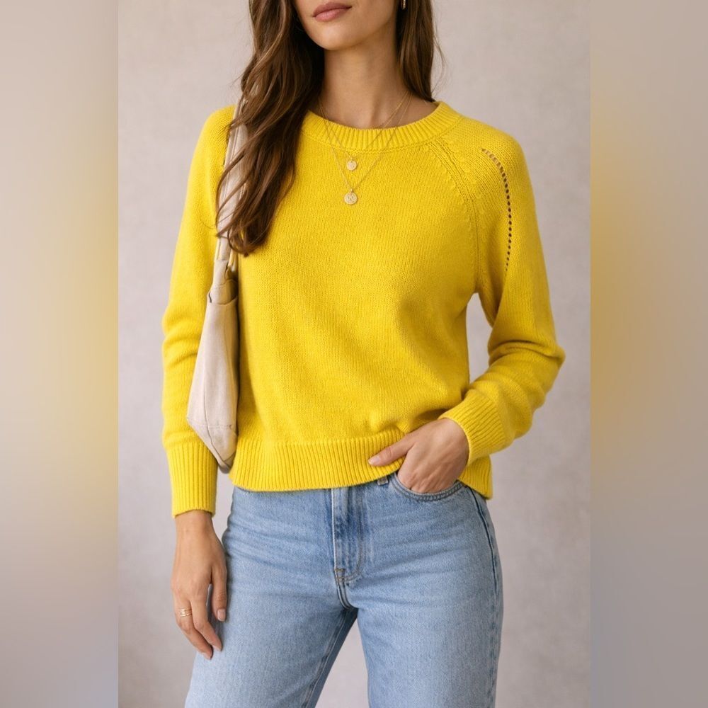 White + Warren Yellow Knit Sweater Size M Lightweight Crewneck